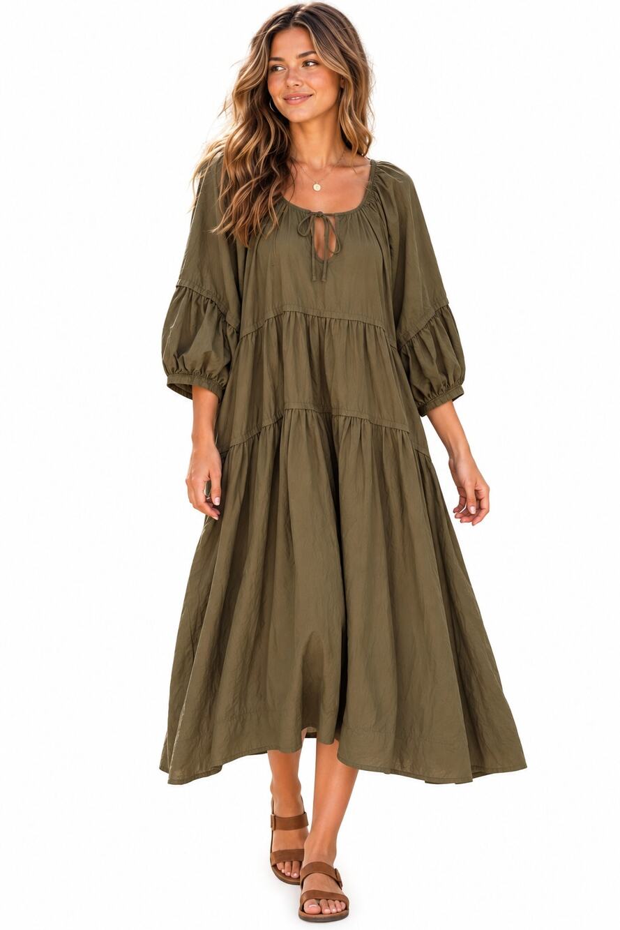 Free People Syd Poplin Tiered Midi Dress Womens Large Army Green Taupe Boho